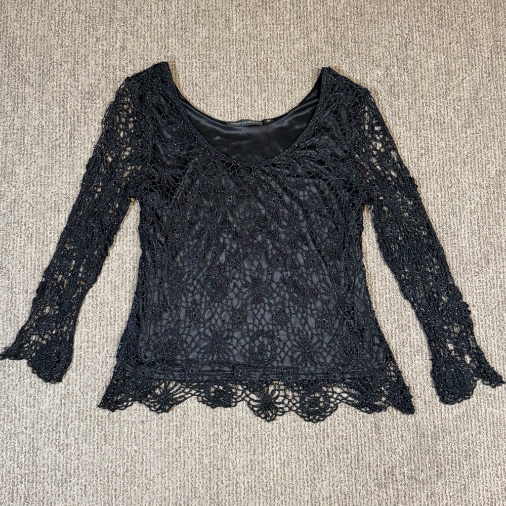 Michelle Nicole Juniors XL Open Knit Crochet Top Y2K Whimsigoth Witchy Fairy